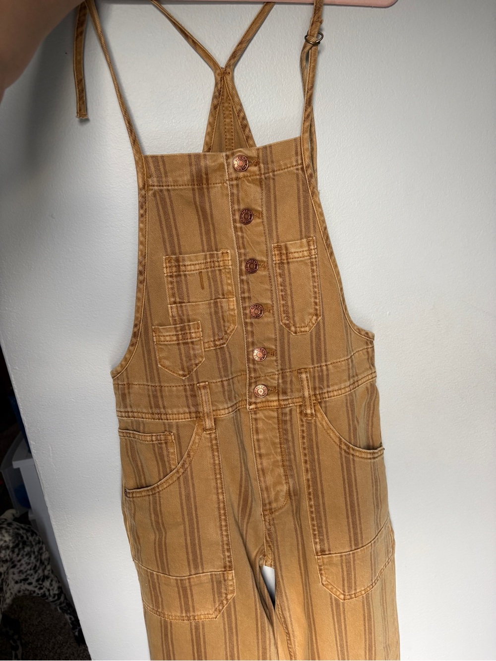 Anthropologie Pilcro Striped Camel Brown Button-Front Overalls - Picture 12 of 14